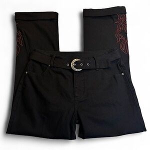Y2K Harley-Davidson Flame Embroidered Pants 8 Long Biker Grunge Chrome Buckle